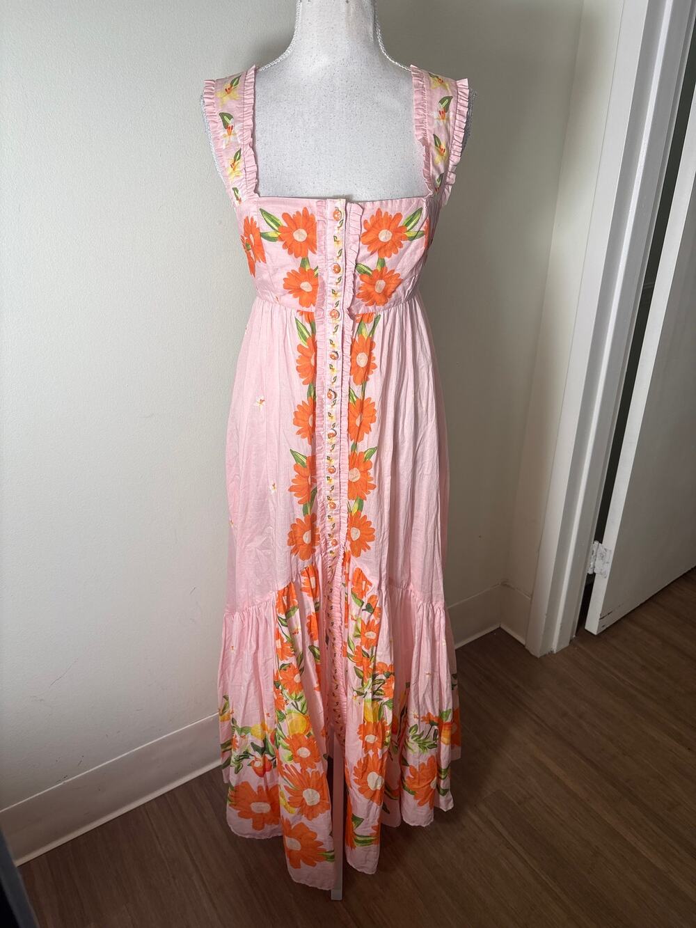 FArm Rio Pink Orange Floral Backless Cotton Maxi Dress Sz S